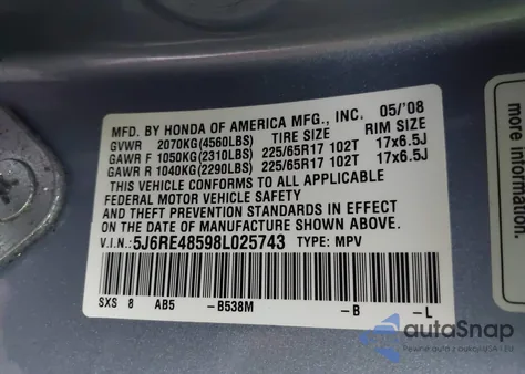 2008 Honda Cr-V Ex из США, поврежденный, VIN 5J6RE48598L025743